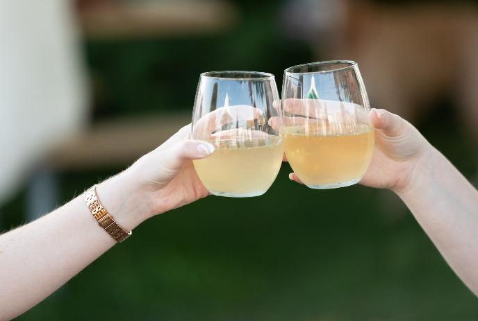 Two hands toast with stemless glasses of light drink; one wears rose gold watch, greenery in background.