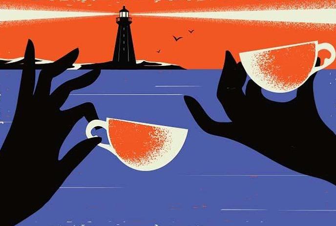 An illustration of two hands holding cups, with a lighthouse in the background.