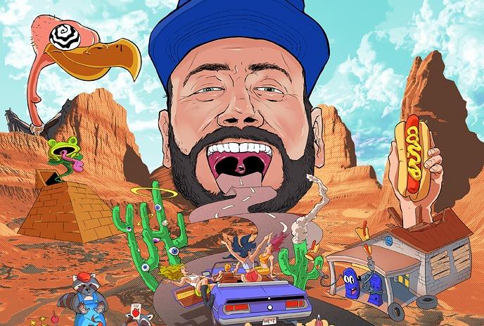 A cartoon desert with Heyz in a blue hat in the background and quirky characters.