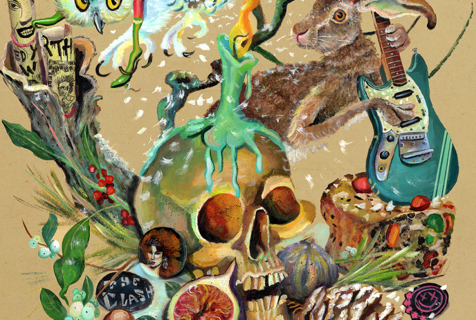 Image of a skull with numerous other items around it.