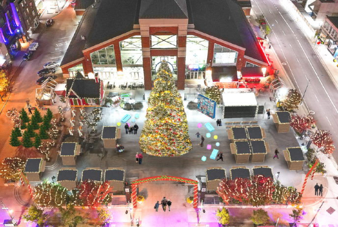Rotary Square with a giant Christmas tree in the centre.