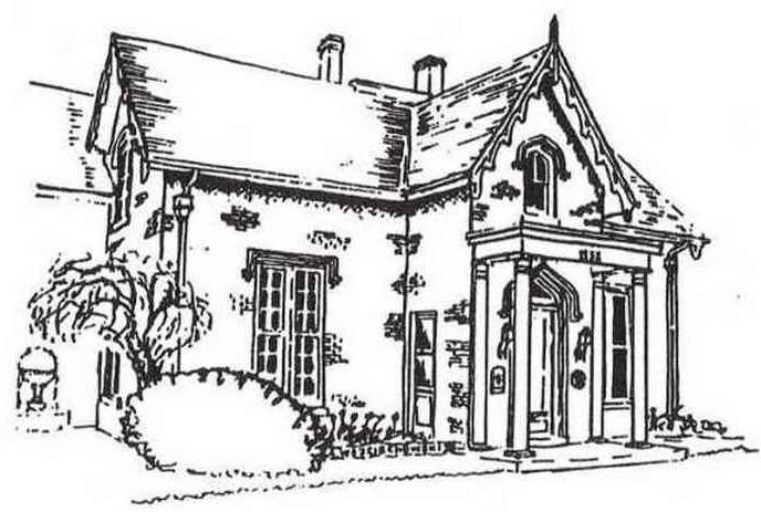 Detailed line sketch of a house with steep roof, tall windows, porch columns and shrubs around base.