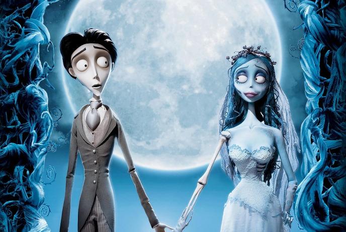 Corpse BrideVictor and Emily from Corpse Bride stand hand-in-hand before a glowing moon, framed by twisted trees in gothic style.