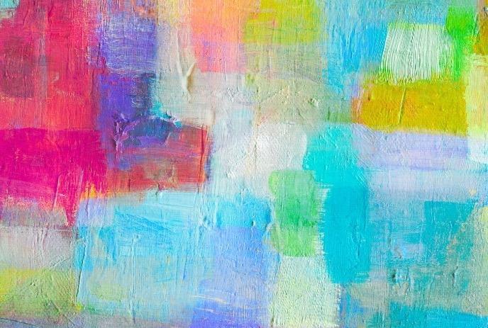 Vibrant abstract painting with bold brushstrokes in blue, pink, red, green, yellow, white; textured layers.