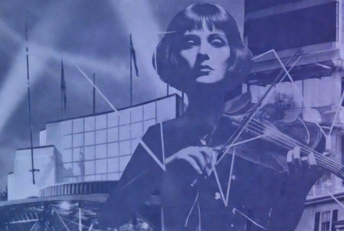 A woman playing the violin superimposed over a modern architectural background.