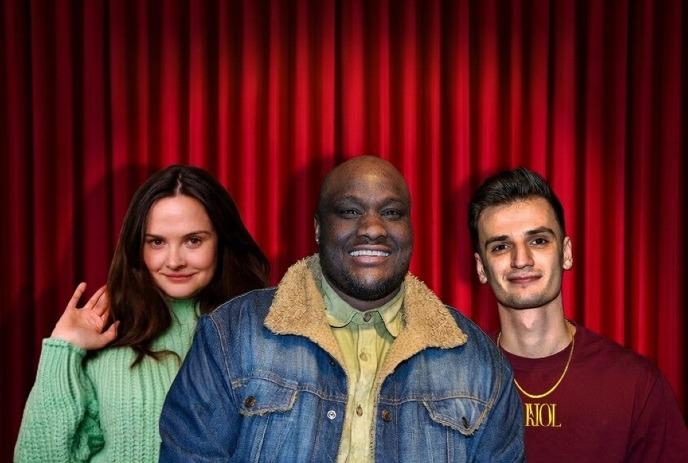 Photos of Gee Gethiga, Steph Neale and Chris Gerassimou in front of a red curtain.