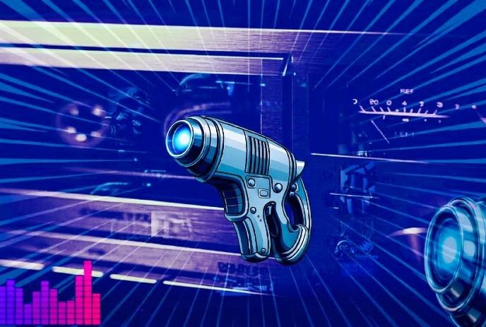 A futuristic setting with a blue laser gun and glowing lights.