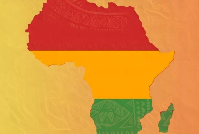 A map of Africa divided into three horizontal bands: red on top, yellow in the middle, and green at the bottom.