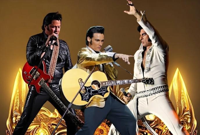 Three impersonators in rock and roll attire perform energetically on stage with guitars against a golden background.