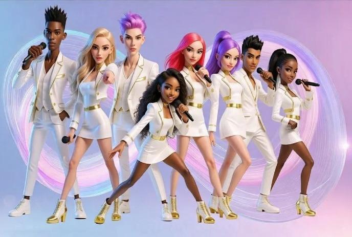 A diverse group of animated KPOP singers, eight in total, in white and gold outfits.
