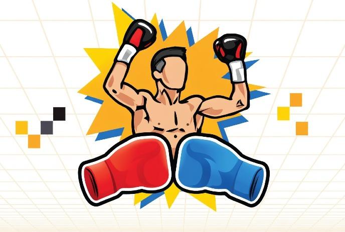 Illustration of a faceless boxer with raised arms, wearing red and black gloves.