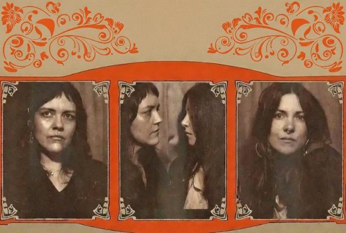 Three vintage-style photos feature women with long hair and contemplative expressions. Ornate floral designs decorate the top.