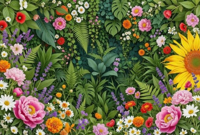 A vibrant garden bursting with colorful flowers, including sunflowers, daisies, and peonies, surrounded by lush green foliage.