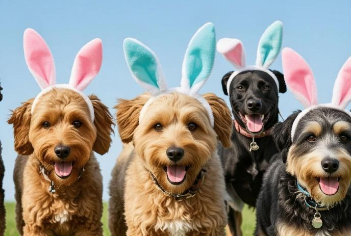 Four cheerful dogs wearing pink and blue bunny ears are joyfully grouped together under a clear blue sky.