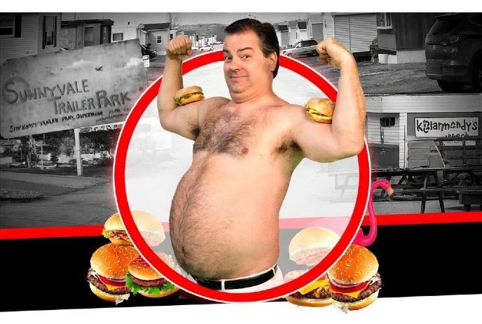 Randy poses humorously with flexed arms, each holding a burger. Background shows Sunnyvale Trailer Park.