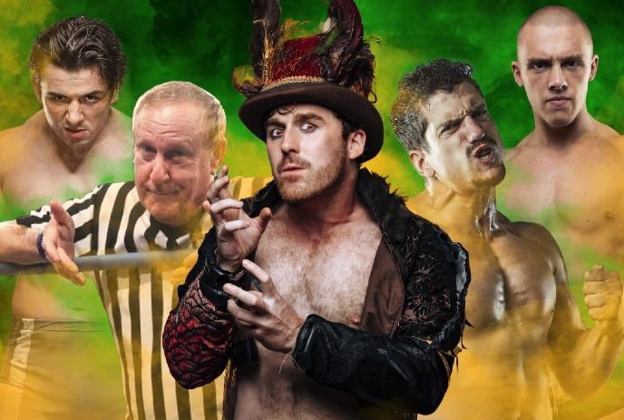 A group of 4 wrestlers and 1 referee pose with intense expressions.