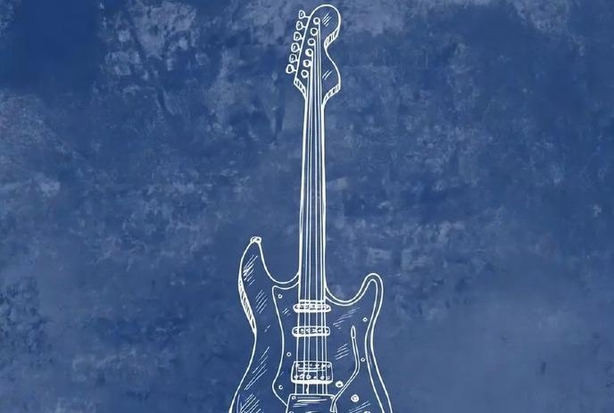 A white drawing of a guitar on a blue background.