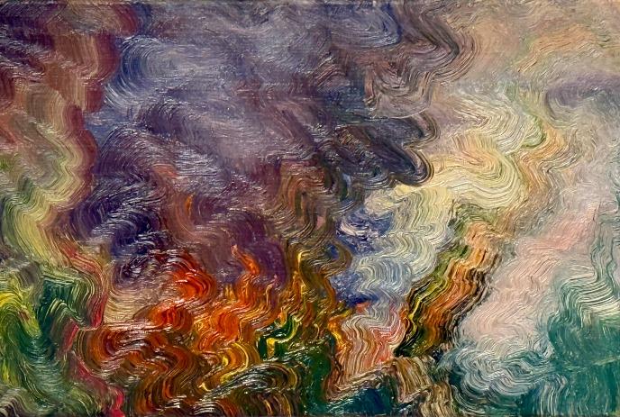 Swirling purple, teal, gold and orange blend like smoke, fire and waves, creating a dreamlike storm of colour.