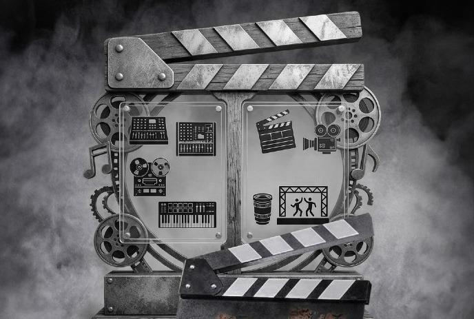 Metallic film trophy with panels showing music and video icons set against gears and rising smoke