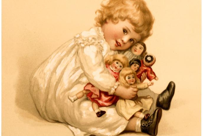 A vintage illustration of a young child with curly hair, wearing a white gown, sitting and cuddling several dolls.
