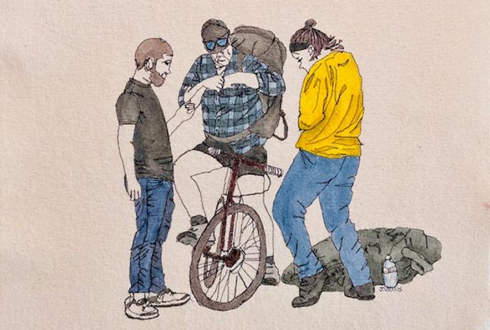 Three people gather around a bicycle, with one person seated and reading a paper.  Provide your feedback on BizChat