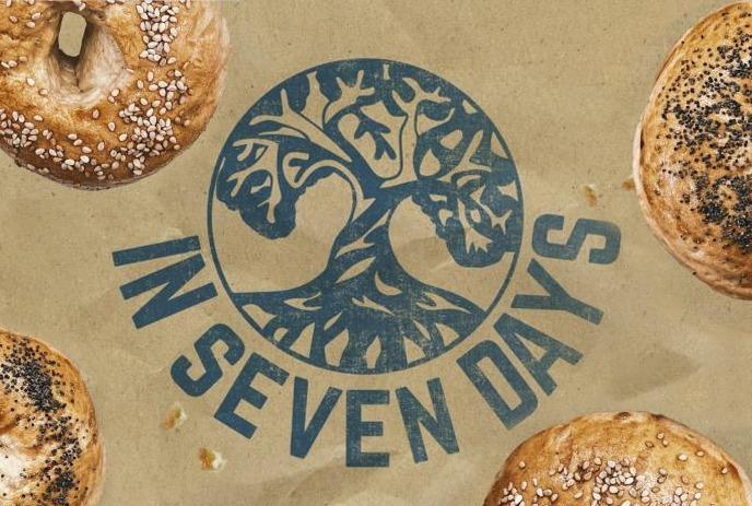 Bagels with everything on them and a blue tree in a circle.