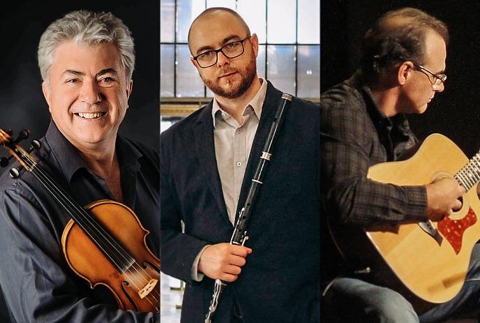 Three musicians holding guitar, violin and clarinet in a collage-style promotional portrait.