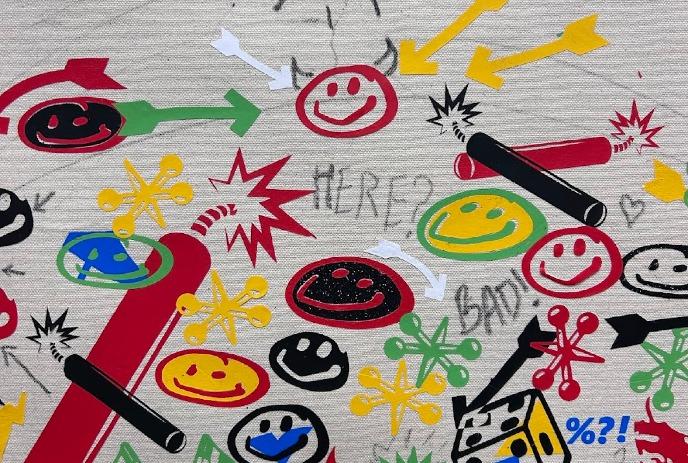 Colorful abstract scene with smiley faces arrows shapes and bursts arranged chaotically on textured background.