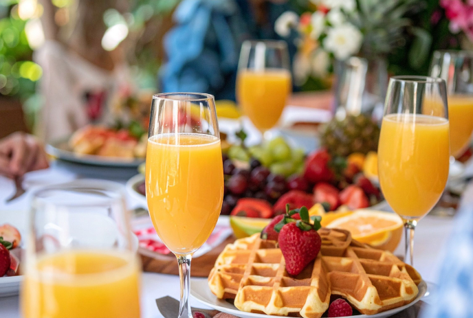 A vibrant brunch table features waffles topped with strawberries, fresh fruit platters, and glasses of orange juice.