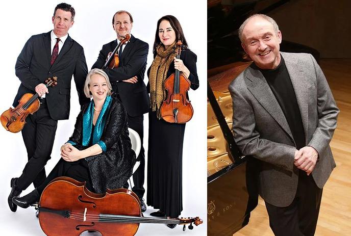 Seperate photos of The Penderecki String Quartet and Arthur Rowe, posing for the camera with their instruments.