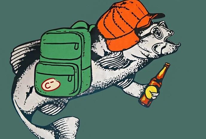 Cartoon fish in orange cap, green backpack with “C,” holding bottle; teal backdrop adds quirky charm.