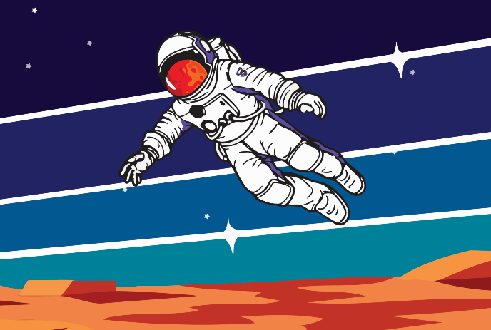 Astronaut with red visor in space, starry sky, colorful gradient, red-orange terrain below, resembling Mars.