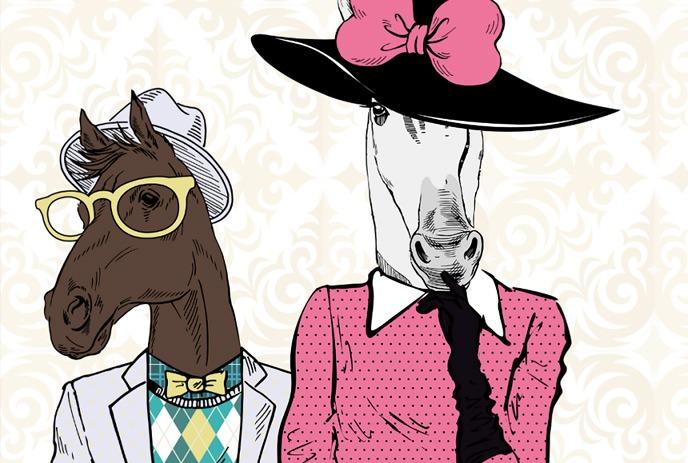 An illustration of two horses wearing hats and clothes