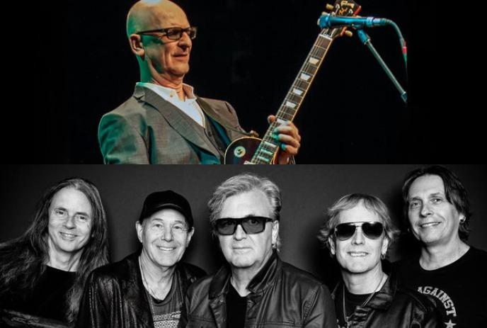 Kim Mitchell playing his guitar, and the band members of Honeymoon Suite looking at the camera, smiling.