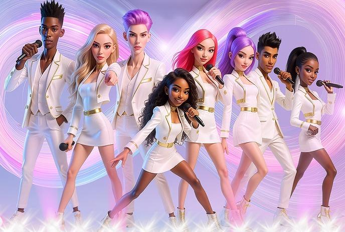 A diverse group of animated KPOP singers, eight in total, in white and gold outfits.