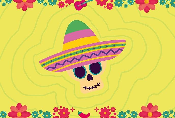Festive skull in bright sombrero surrounded by flowers guitar and chili on warm yellow patterned backdrop.