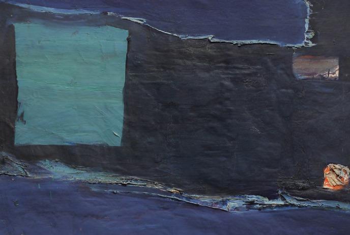 An abstract oil painting with a dominant dark blue and black background.