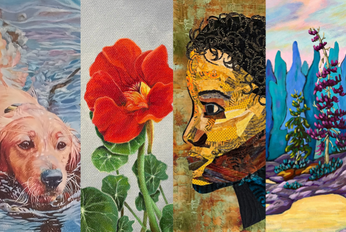 Collage of four artworks: swimming golden retriever, red flower, mosaic-style portrait, and whimsical landscape.
