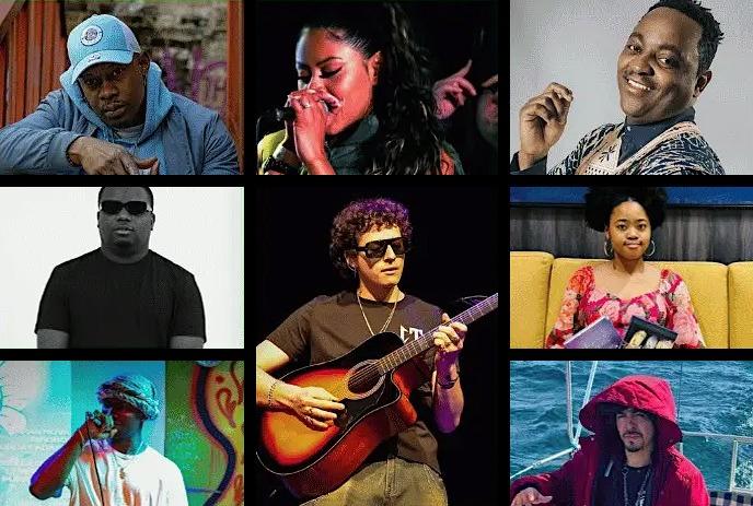 Fall themed music collage featuring multiple performers, colorful leaves, microphone, and notes.