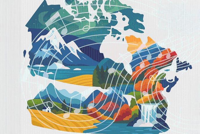 Illustration of Canada filled with landscapes and musical notes, symbolizing the country’s natural beauty and music.
