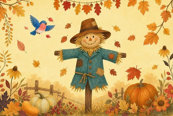 Autumn illustration with a scarecrow, pumpkins, leaves, flowers, and a bird on a beige background.