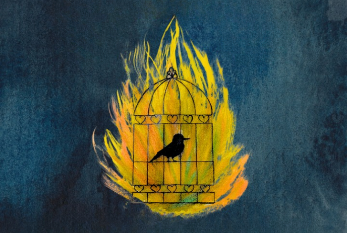 A black bird in a flaming yellow cage with hearts on a blue background.