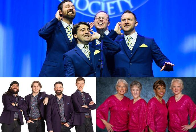 Collage of three images with multiple people either singing or looking ahead.