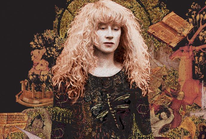A woman with curly blonde hair in dragonfly top amid surreal medieval collage.