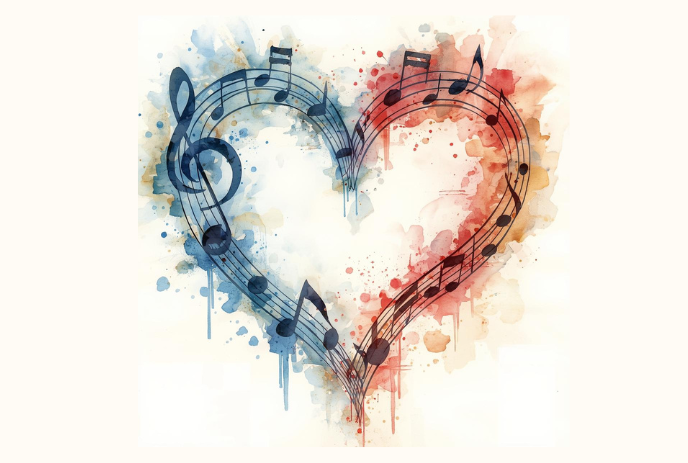 Musical notes form a heart shape with watercolor splashes in blue and red hues.