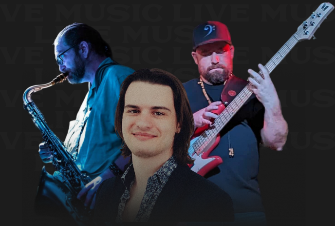 Three musicians, play sax and bass on a dark stage while one smiling singer stands in front under live music lights.