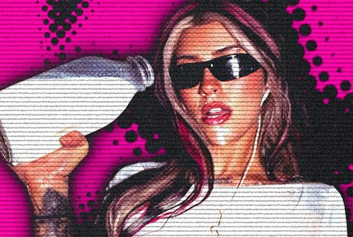 Retro pop art portrait of a woman in sunglasses and earbuds against a neon pink VHS-glitch background.