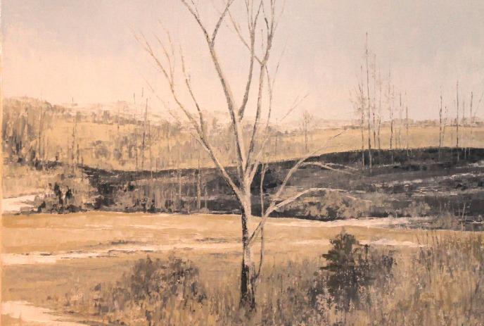 Bare tree rises before rolling hills in a muted calm landscape painted in soft winter tones.