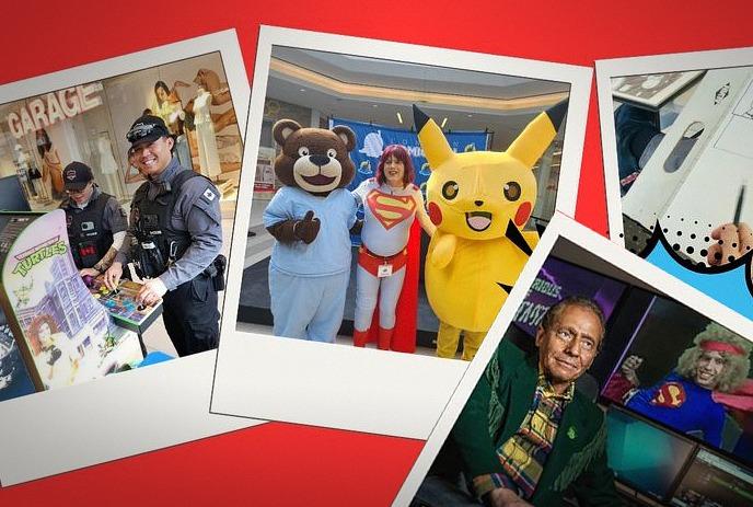 Four scenes show police, outreach costumes, art drawing and a man sitting under a red collage.