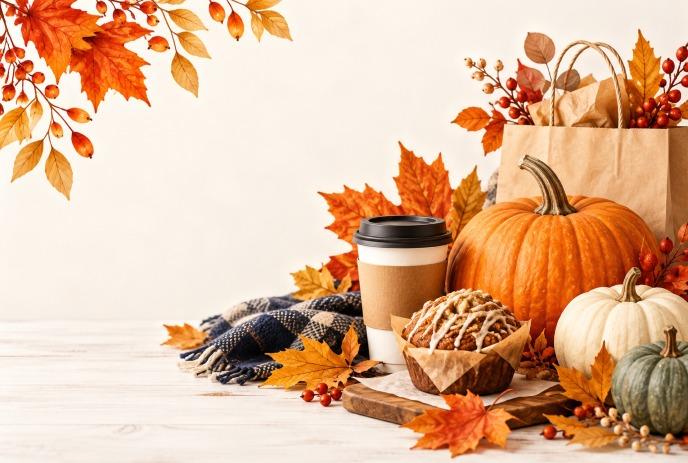 Fall display with pumpkins, muffin, coffee cup, shopping bags, leaves, berries, and cozy blanket.